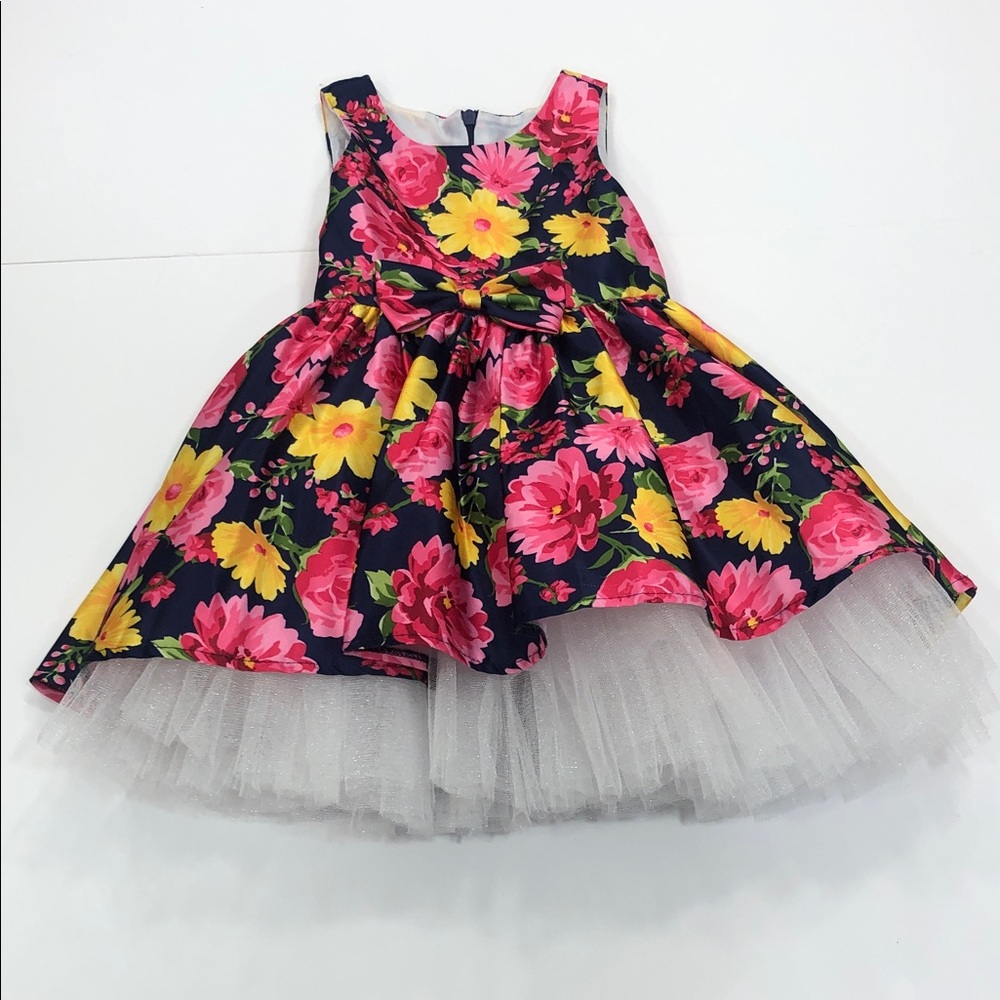 Navy Floral Tulle Hem Girls Party Dress - Pink & Yellow Flowers